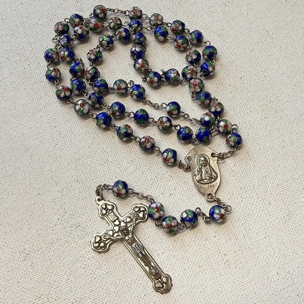 Vintage Rosary Blue Pink Cloisonne Flower Beads ITALY Religious Jewelry Necklace